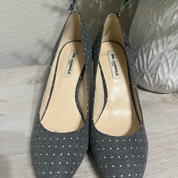Fabulous Karl Lagerfeld Jeane2 Gray White Polka Dot Heels Women’s Size 8 - Picture 2 of 7